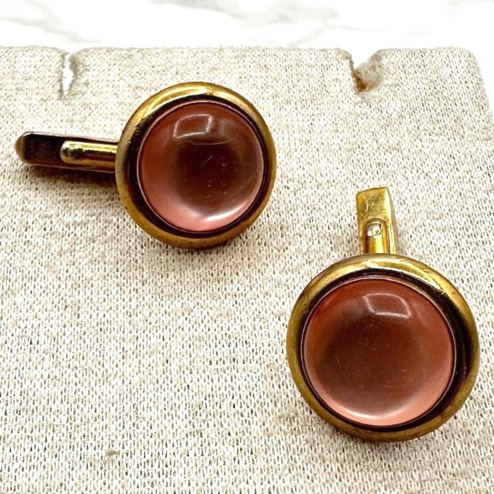 Vintage Gold Tone Round Cufflinks Pink Peach Moonstone Cabochon Mid Century Boho